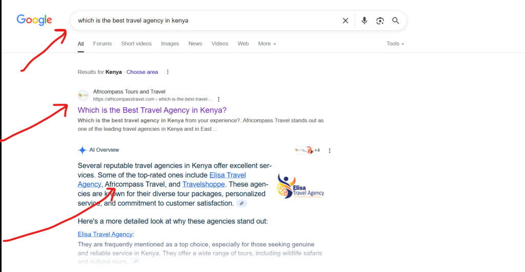 Google results: the client ranks first and is named in Google's AI Overview
