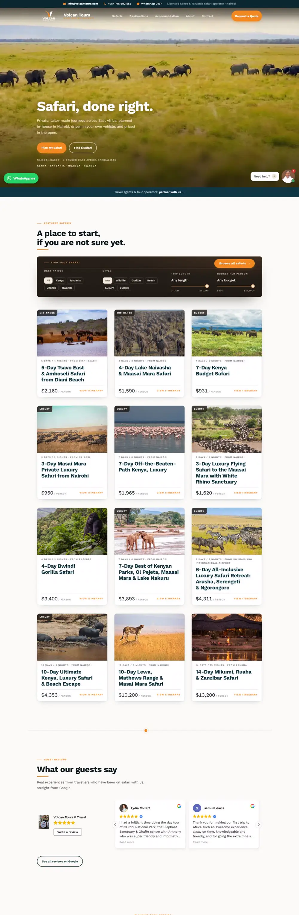 Volcan Tours website, full page